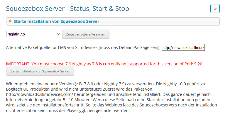 max2play-Squeezebox Server starten