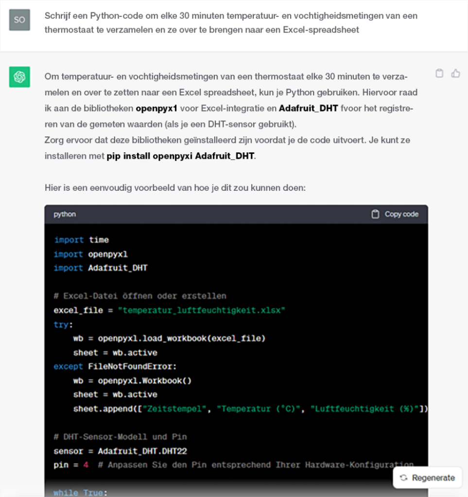 ChatGPT moet een programma schrijven dat gegevens logt van een thermostaat